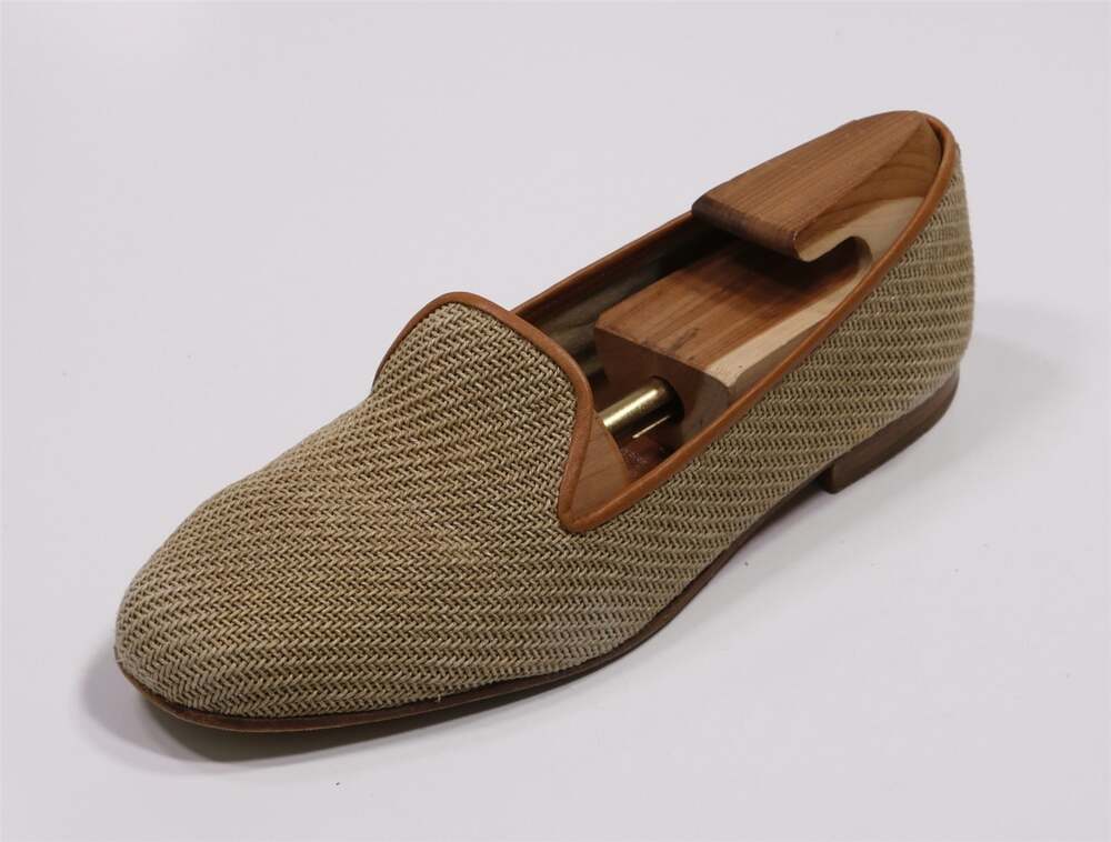 Stubbs & Wootton Beige Woven Raffia Tweed Slip On Loafers Leather Trim Mens 10.5